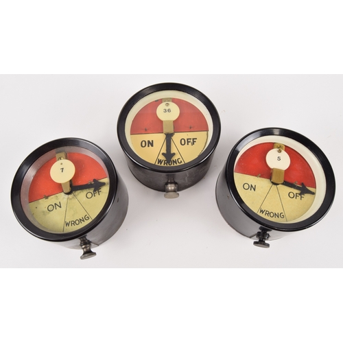 265 - Signal Box Instruments, 3 x on / wrong / off bakelite repeaters, all needles free moving, all 4 1/4 ... 