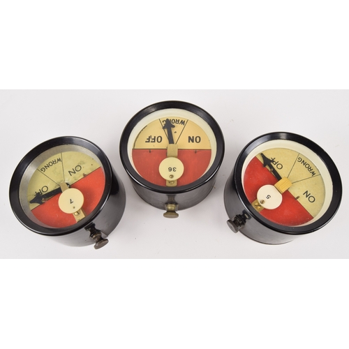 265 - Signal Box Instruments, 3 x on / wrong / off bakelite repeaters, all needles free moving, all 4 1/4 ... 