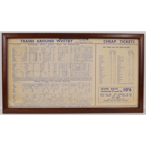 255 - Carriage print, Trains around Whitby, 1939, paper has been cut in two in the lower section, framed a... 