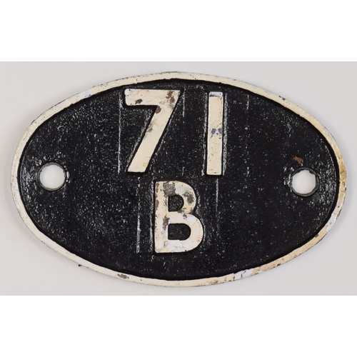 274 - Shed plate, 71B, BOURNEMOUTH. Repainted front, sooty rear. Correct size, and casting marks. 7 3/16 x... 