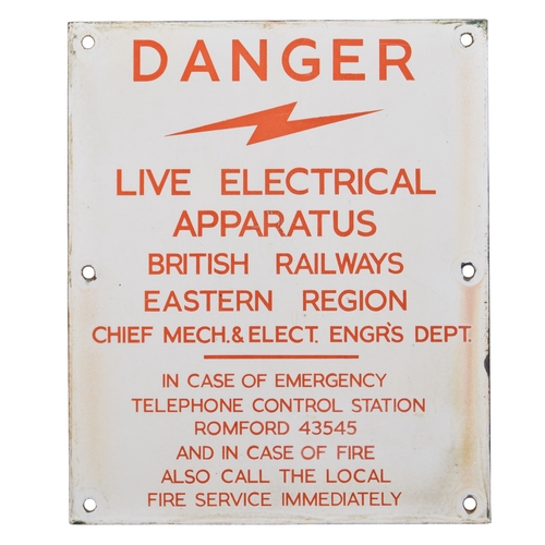250 - Enamel sign, British Railways Eastern Region live electrical danger sign, in case of emergency call ... 