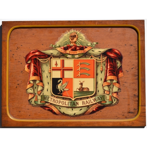 292 - Metropolitan Railway crest mounted on original coach panel, a note on the back states, north side re... 