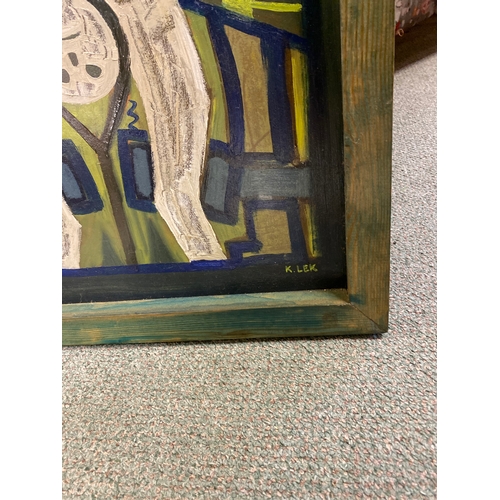 74 - KAREL LEK RCA abstract oil painting on board, green wooden frame from his own personal estate collec... 