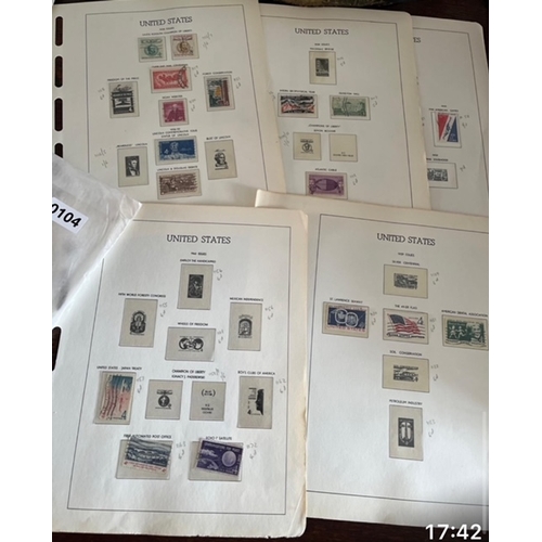 104 - USA stamps 1909 to 1965, over 250 American Stamps on US Stamp Album loose pages ( no actual album th... 