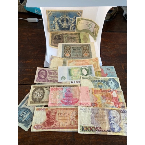 184 - 15 used foreign banknotes plus a GB £1 QEll bank note