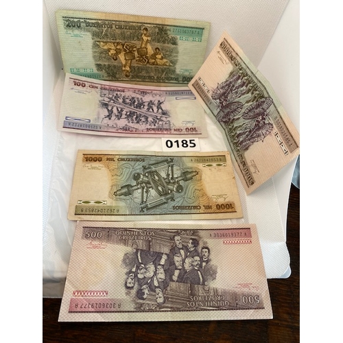 185 - Brazillian Banknotes, circulated, 5000, 1000, 500, 200 & 100