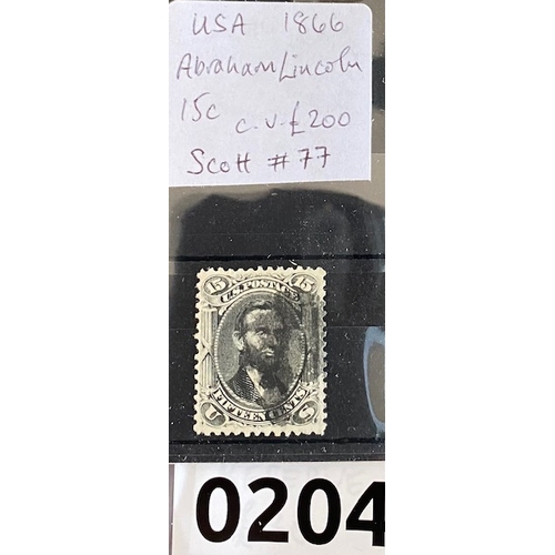 204 - US Lincoln 1866 15c black stamp, Scott #77 high cat value £200, well centred American stamp