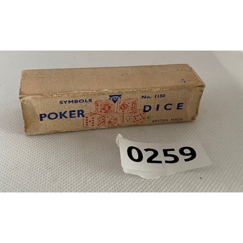 259 - Vintage ABBEY symbols butterscotch poker dice set No. 1150 in original box