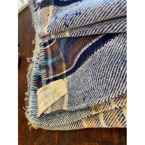 290. - Welsh blanket, mainly blues & cream plus brown green and purple stripes in check pattern with origin... 