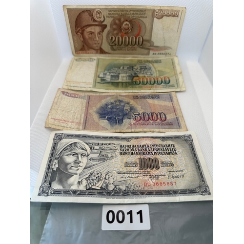 11 - 4 Yugoslavian foreign used circulated banknotes