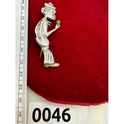 46 - Unusual Mexican boy youth man silver brooch 7cm length. He appears to be holding a small emerald