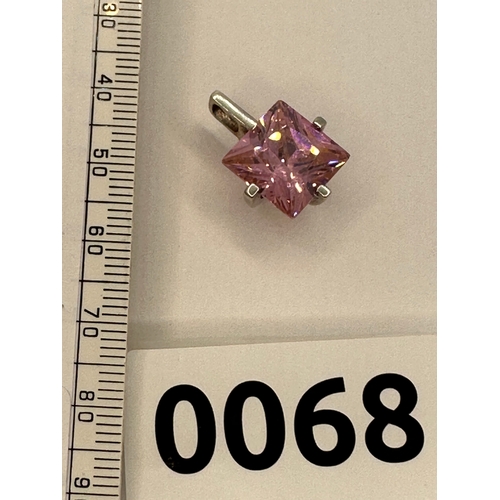 68 - sterling silver pink CZ 1cm princess square cut pendant