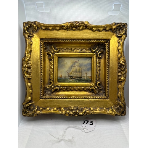 73 - Miniature oil painting of sailing ships, approx 7cm x 5.5cm, ornate gold frame 20 cm x 18.5 cm