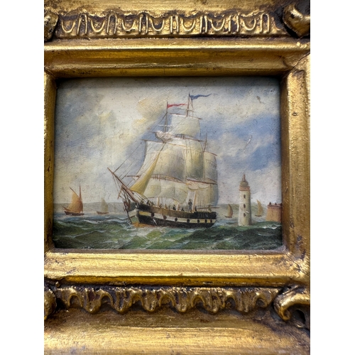 73 - Miniature oil painting of sailing ships, approx 7cm x 5.5cm, ornate gold frame 20 cm x 18.5 cm