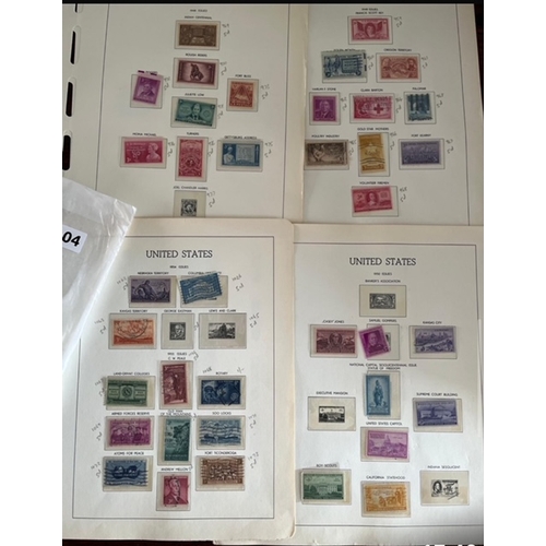 104 - USA stamps 1909 to 1965, over 250 American Stamps on US Stamp Album loose pages ( no actual album th... 