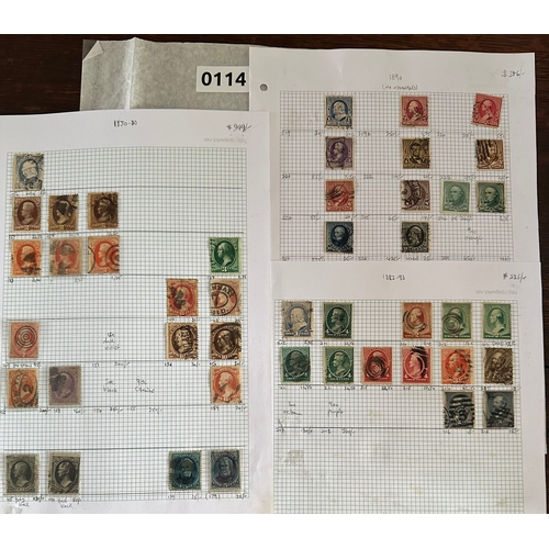 114 - Early USA stamps including fancy cancels 1870-1890. High Cat value £ 1,521 inc 10c green mint cv £20... 