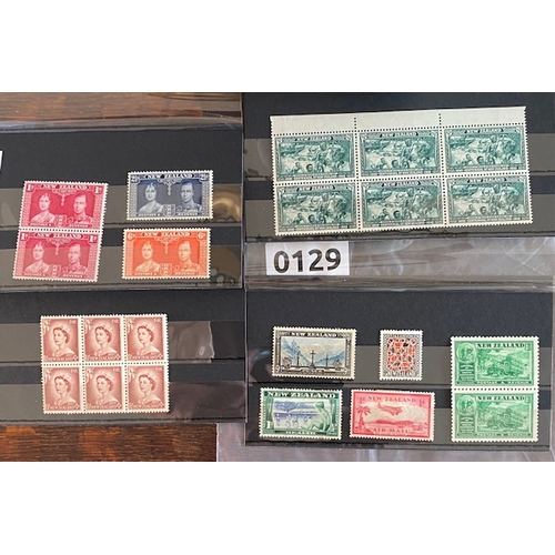129 - New Zealand mint blocks of stamps and other pre decimal NZ KG c.1937 plus QE on 4 stamp stock cards