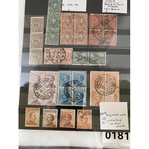 181 - ITALIAN early stamp blocks, strips of stamps and pairs from c 1863 on two stocksheets. Late 19th cen... 