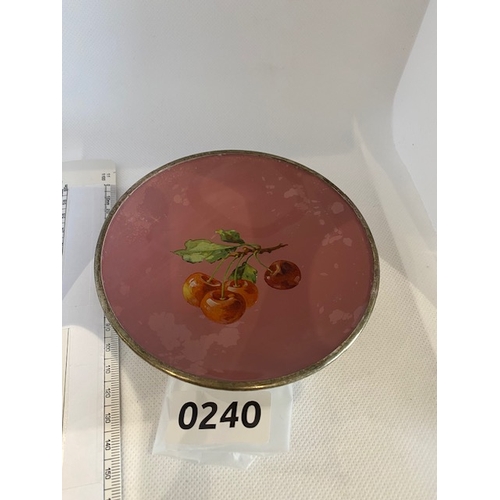 240 - Silver plated dish with cherries pic inlaid, top is 12.5cm diameter