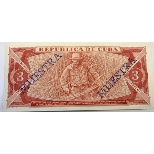 10 - Rare bank note from CUBA 1988 3 peso uncirculated SPECIMEN note overprinted 