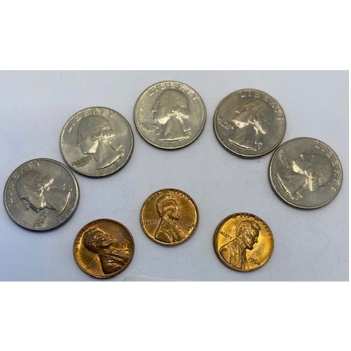 38 - US coins 1965, 5 quarter dollars and 3 x 1 cents