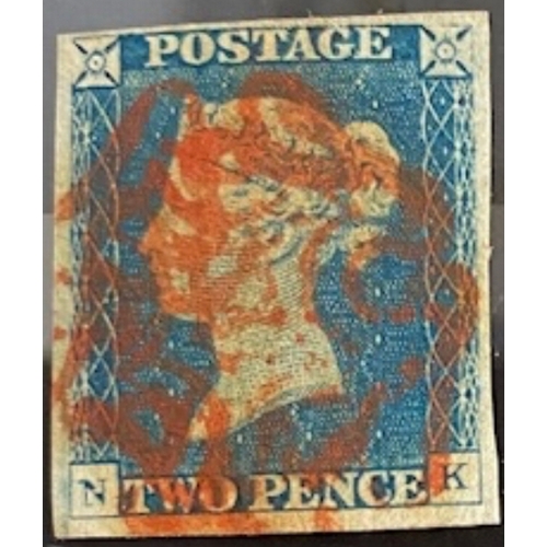118 - 1840 2d blue stamp, QV 2 penny blue imperforate with red maltese cross, Plate 1 (N-K), four good mar... 