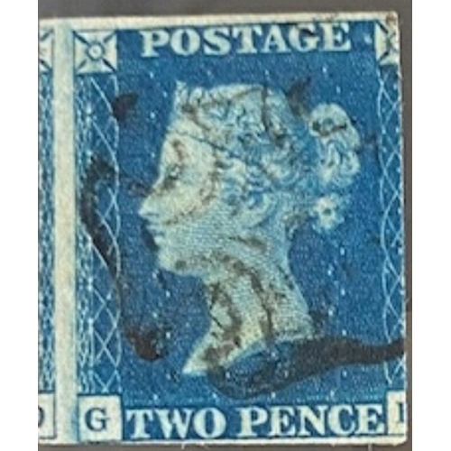 119 - 1840 2d blue stamp with maltese cross, GB QV, Plate 2 imperforate (G-D?), three margins, miscut exam... 