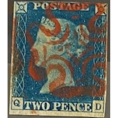 121 - 1840 2 penny blue stamp with red MX, Plate 1 (Q-D), GB QV, just 4 margins, very close n/w corner. Fa... 