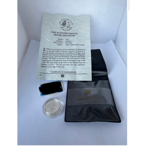 366 - Westminster Silver £1 coin with Scottish thistle, COA
