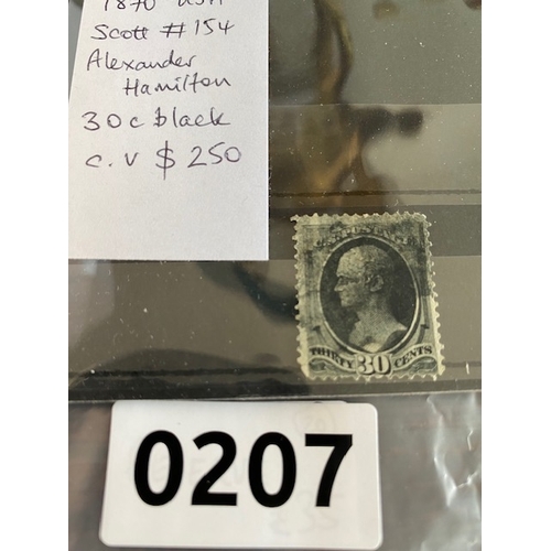 207 - US 1870 Alexander Hamilton 30c black American stamp, Scott #154, high cat value $ 250