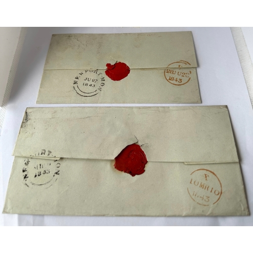 348 - Two 1843 penny red covers, 3 x 1d red imperforates on London addressed envelopes, mx cancels, Newpor... 