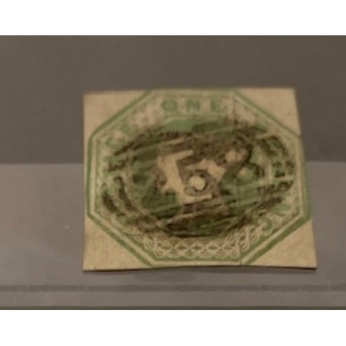 433 - GB QV early 1 penny green embossed stamp with silky threads