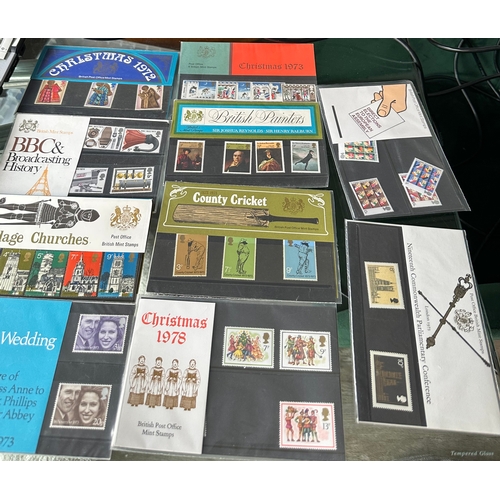 467 - Vintage GB stamp presentation packs (10) from 1970's containing mint stamps from 1972 to 1979