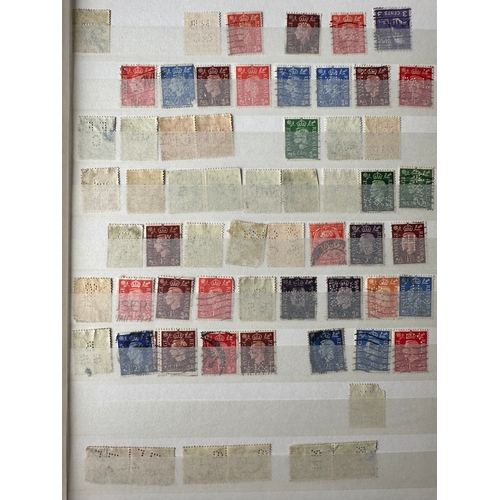 107 - Stamp Dealer stock-book of around 525 UK GB perfins stamps mainly from KG6 reign includes pairs