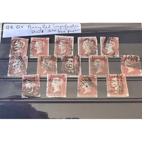 459 - UK GB QV Penny Red stars imperforate 14 stamp selection inc. 4 margin and m.x. cancel,, some stamps ... 