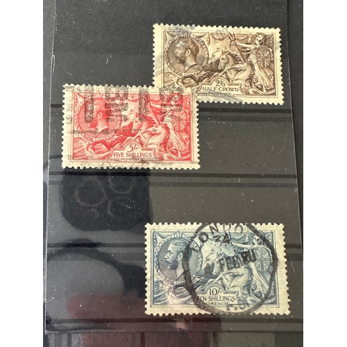 460 - UK GB KGV Seahorse stamps including 2/6, 5 and 10 shillings stamps (London 1920 ? cancel )