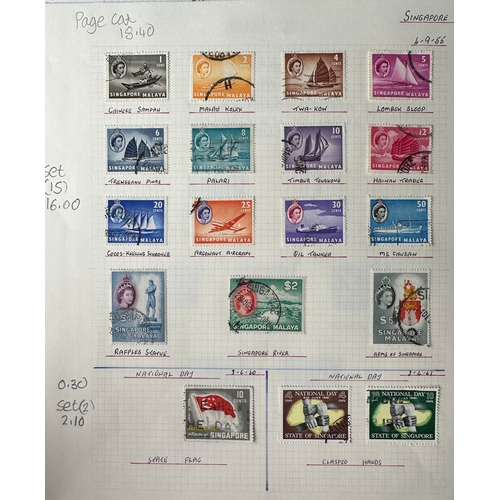 183 - SINGAPORE QE2 commonwealth mint and used stamps on album pages, 1949 to 1973. Total cat value £ 232