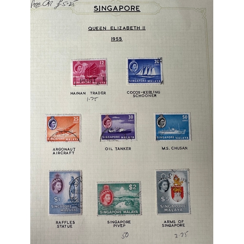 183 - SINGAPORE QE2 commonwealth mint and used stamps on album pages, 1949 to 1973. Total cat value £ 232