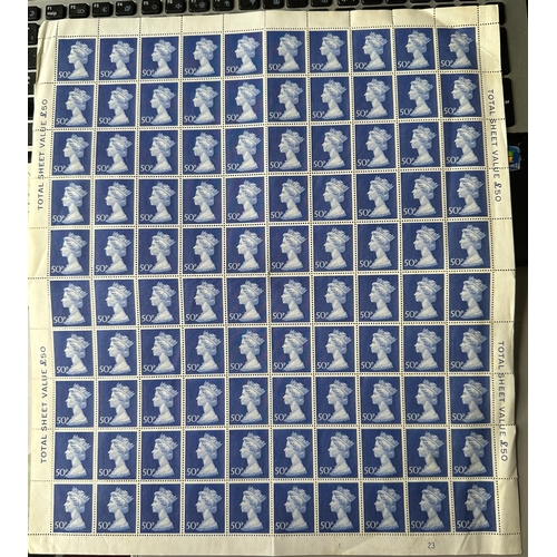 1 - UK GB QE2 1970 rare sheet / cylinder and plate 23 block of 100 x SG831machin 50p defin stamps, ultra... 