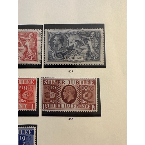 25 - UK GB King George V 10 Shillings Seahorse stamp with other mint and used stamps on album page. High ... 