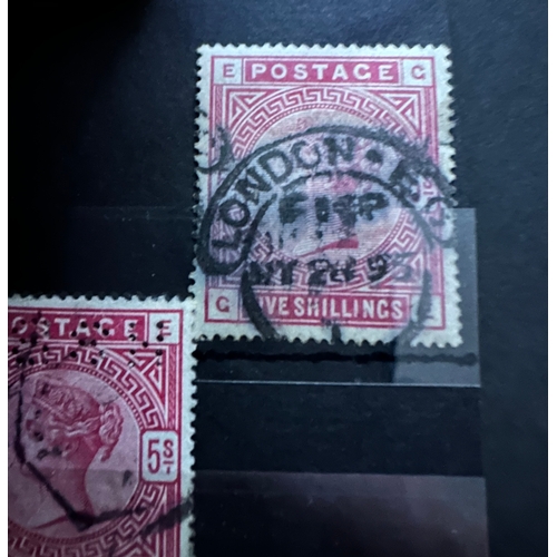 5 - Two x Five Shillings rose red UK GB QV, one stamp having London cancel the other is a perfin, cat va... 