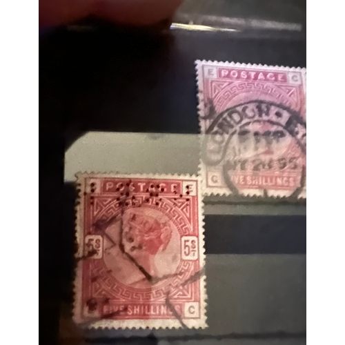 5 - Two x Five Shillings rose red UK GB QV, one stamp having London cancel the other is a perfin, cat va... 