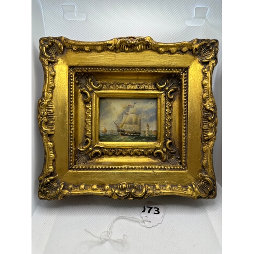 72 - Miniature oil painting of sailing ships, approx 7cm x 5.5cm, ornate gold frame 20 cm x 18.5 cm