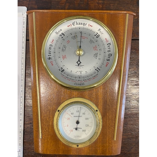 239 - SMITHS vintage barometer and thermometer, Shortland. British made. Unusual design. Teak with gold tr... 