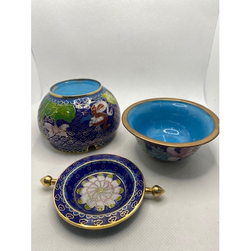 240 - Cloisonne blowls, blue, greens and pinks max widths approx 8cm