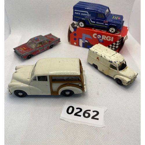 263 - CORGI and Lesney vintage cars and vehicles including Morris Traveller, boxed corgi race support, Les... 