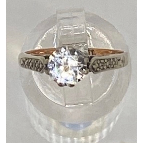 421 - gold and silver cz solitaire and shoulders ring, stamped for gold and silver, size K 1/2, 2g