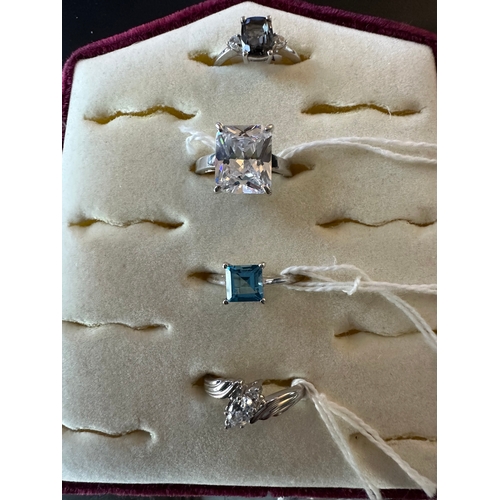 487 - silver 925 rings selection includes topaz and large emerald cut CZ solitaire, sizes N 1/2 to T (top ... 