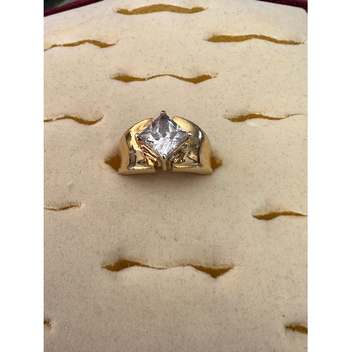 493 - ITALIAN cz solitare silver gilt ring, size i 1/2, stamped  925 DQCZ, good weight