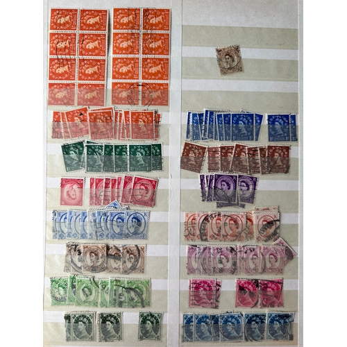 497 - UK GB QE2 early / mid century Definitive stamps on stamp dealer stockleaves. Includes blocks, castle... 